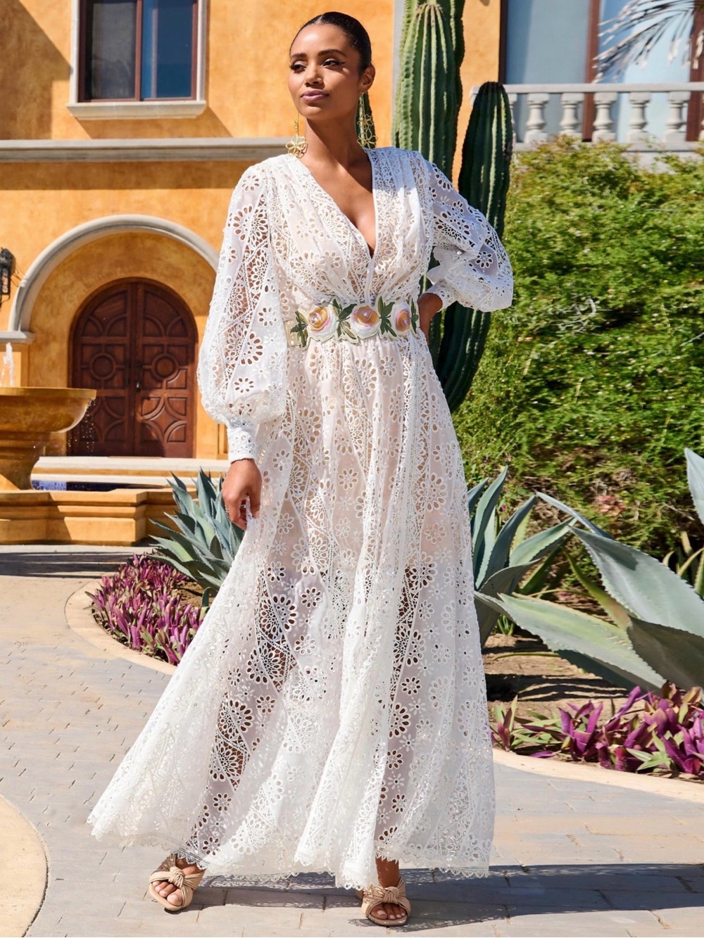 Boston Proper White Eyelet Maxi Dress (Floral belt NOT INCLUDED)